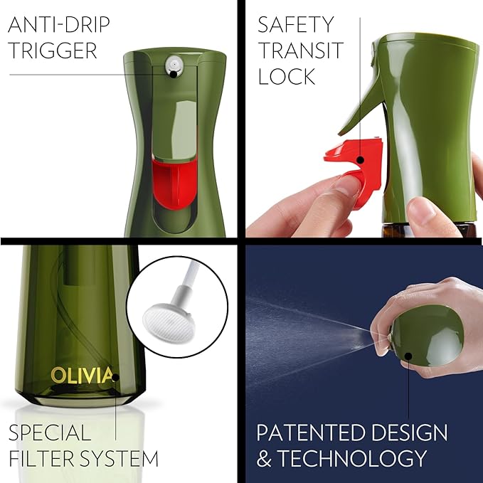 FLAIROSOL OLIVIA Oil Sprayer for Cooking, 200ml Glass Olive Oil Sprayer, Continuous Cooking Spray with Portion Control, Oil Dispenser for Kitchen, Air Fryer, Salad, BBQ (Green Bottle, Gold Print)