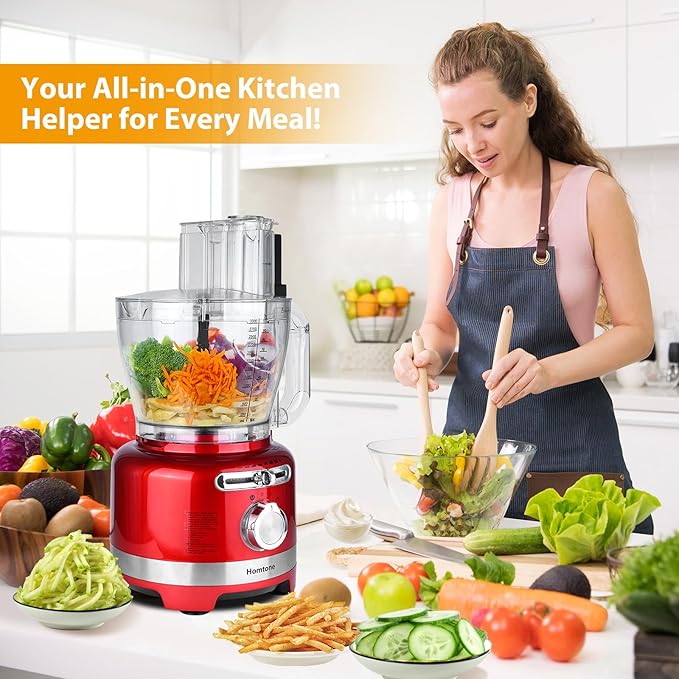 Homtone 16 Cup Food Processor, 6 Preset Modes& Stepless Speed Control for Dough Kneading, Meat Chopping, Slicing, Shredding, French Fries Potato Cuting, Cheese Grating& Whipping Cream, 650W, Red