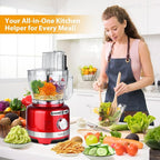 Homtone 16 Cup Food Processor, 6 Preset Modes& Stepless Speed Control for Dough Kneading, Meat Chopping, Slicing, Shredding, French Fries Potato Cuting, Cheese Grating& Whipping Cream, 650W, Red
