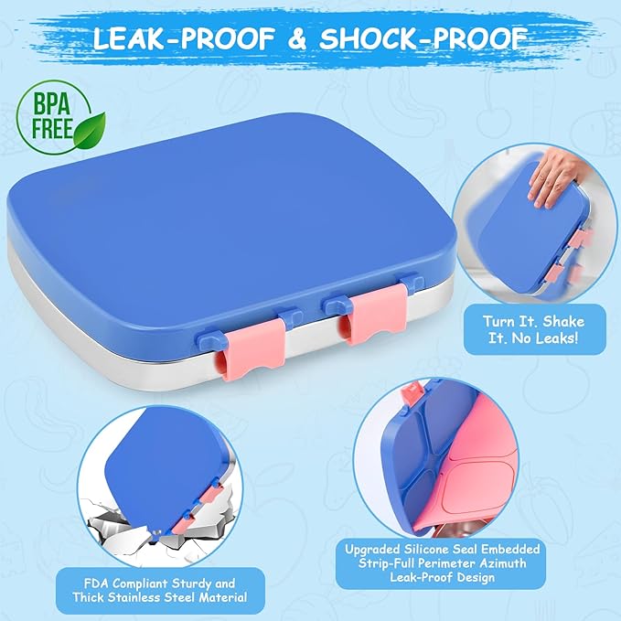 Stainless Steel Bento Box for Kids, Leak-Proof Stainless Steel Lunch Box, 4 Compartments, BPA-Free, Drop-Resistant, with Spoon & Fork, for School & Daycare (Blue Pink Mix)