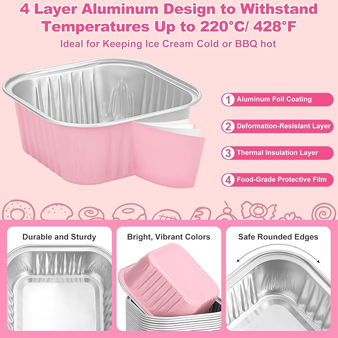 60 Pack Mini Cake Pans with Lids and Spoons, 5oz Square Aluminum Foil Loaf Pans Pink Small Cake Tins Disposable Baking Pans Dessert Cupcake Cups with Ribbon Decals for Wedding Birthday Party Picnics