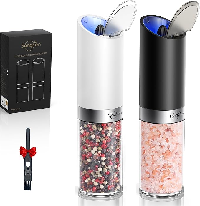 Sangcon Gravity Electric Salt and Pepper Grinder Set with Dust Cover, XL CAPACITY, Battery Operated(4 AAA), Adjustable Coarseness, One Hand Automatic Salt and Pepper Shakers Set Mill with LED Light