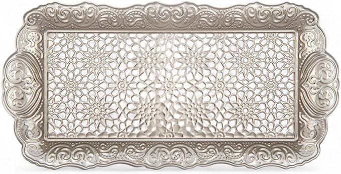 Alisveristime Small Ornate Metal Serving Tray – Ottoman Motif Decorative Tray (14.2" x 7.1", 10.8 oz) (Silver)