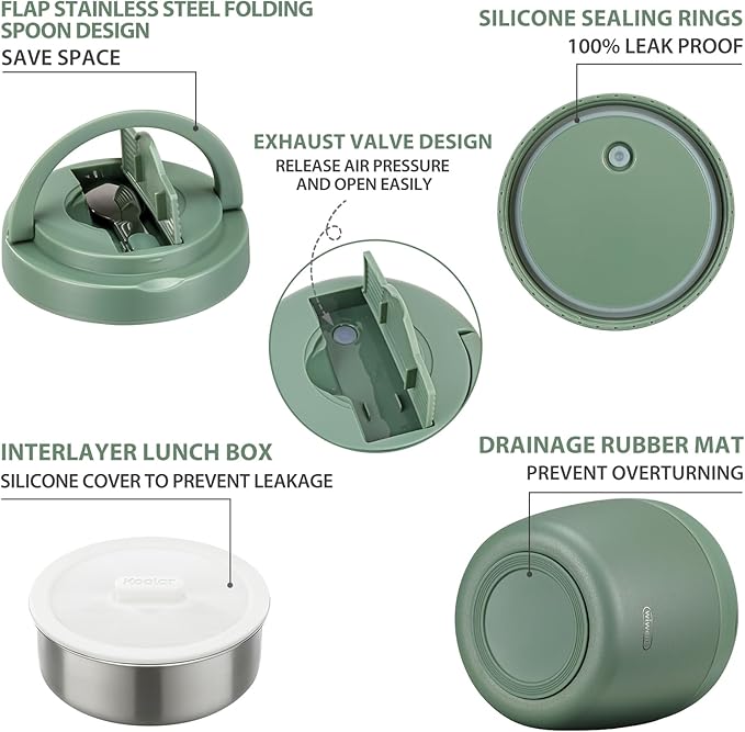 Thermo Food Jar for Hot Food Adults 32OZ Soup Thermo Lunch Containers Wide Mouth Vacuum Insulated Stainless Steel Leakproof Bento Box with Spoon (Green)