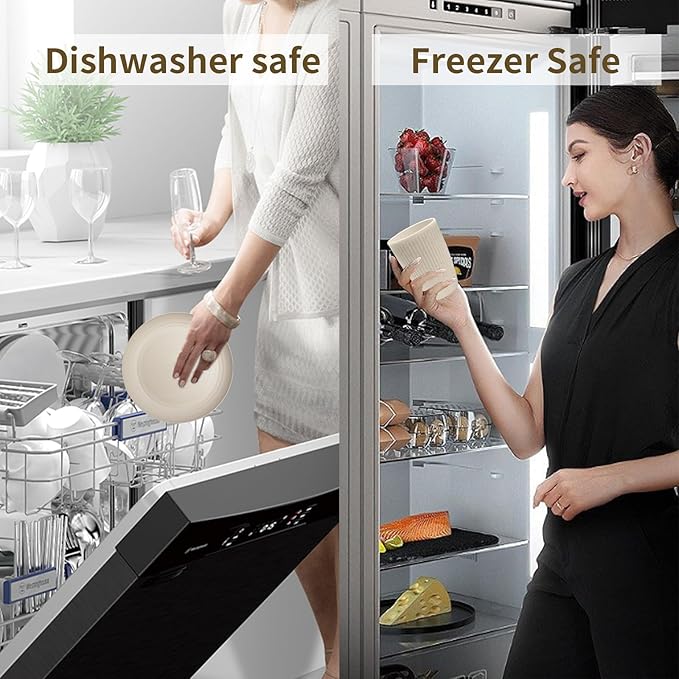 Wheat Straw Dishes Set for 8, Dinnerware Sets 32 piece, Unbreakable Plates, Bowls, Cups Sets for Kitchen Parties Camping RV - Beige