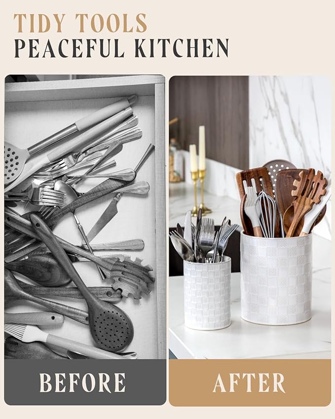 Kitchen Utensil Holder - 7.2"+5.4" Ceramic Utensil Holder for Countertop, Spatula Holder for Counter, Large Embossed Utensil Crock, Farmhouse Utensil Vase for Housewarming, Kitchen Decor, Set of 2