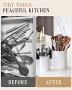 Kitchen Utensil Holder - 7.2"+5.4" Ceramic Utensil Holder for Countertop, Spatula Holder for Counter, Large Embossed Utensil Crock, Farmhouse Utensil Vase for Housewarming, Kitchen Decor, Set of 2