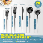 Lemeya Matte Black White Silverware Set for 4,Modern Stainless Steel Brushed Cutlery Set,20-Pieces Heavy Duty Flatware Set,Knives Spoons and Forks Set Utensils Set, Satin Finish, Dishwasher Safe