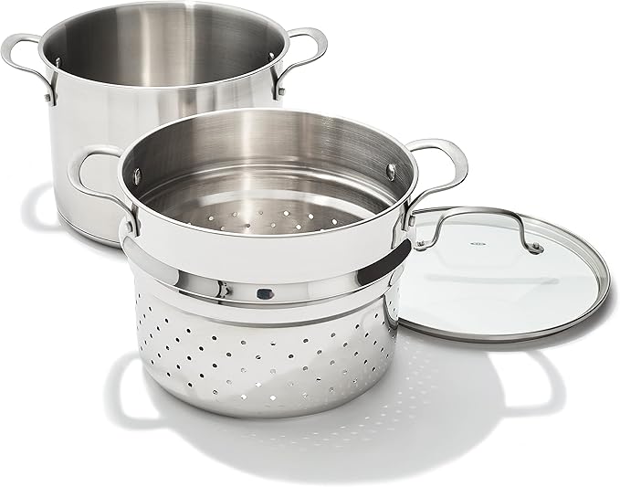 OXO Stainless Steel 8.4QT Multipurpose Boiler Pot with Steamer Insert & Glass Lid, Stockpot for Simmering, Boiling, Steaming, Stew, Soup, Pasta, Induction Suitable, Dishwasher Safe, Stainless Steel