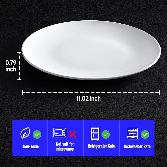 Plates 11inch Melamine Dinner Plates Round White Durable Dishes Set of 8 for Salad Dessert Dinner