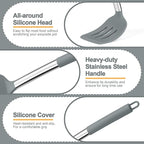 P&P CHEF Gray Kitchen Cooking Utensil Set of 4, Silicone Solid Spatulas Slotted Spoons Turners for Non-stick Cookware Flipping Mixing, Heat-proof