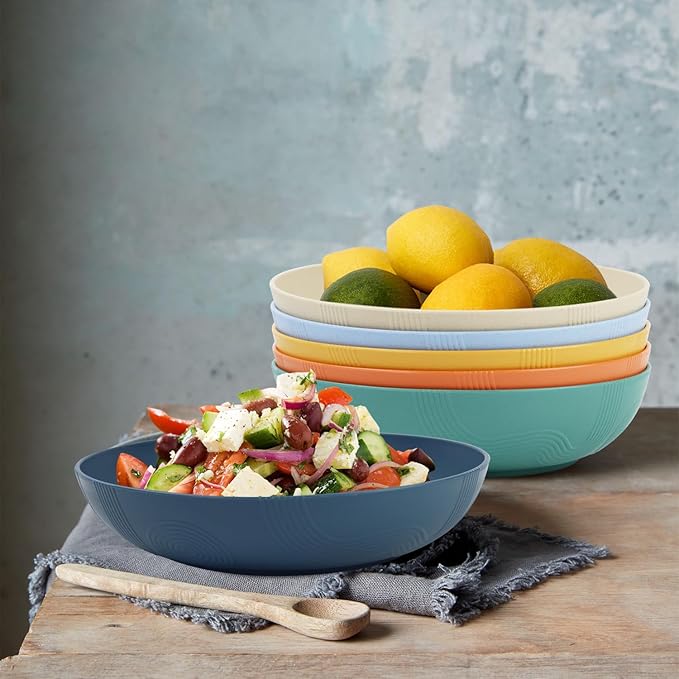 10-inch Wheat Straw Big Bowls Set of 6 - Large 65oz Unbreakable Salad Bowls - Restaurant Grade, Microwave & Dishwasher Safe - Big Plastic Bowls for Cereal and Salad - Vibrant Series