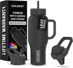 Coldest Tumbler with Handle and Straw - 100% Leak Proof Insulated Tumbler with Lid and Straw (3 Lids) - Stainless Steel Tumblers for Women & Men - Cup Holder Friendly Base, 36 oz (Stealth Black)