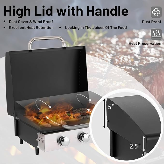 26 inch Tabletop Griddle with Ceramic Coated Cast Iron Plate, 3 Burners Flat Top pan, 28650 BTU Portable Propane Gas BBQ Grill Teppanyaki for Kitchen Outdoor Cooking Barbecue Camping (Griddle)