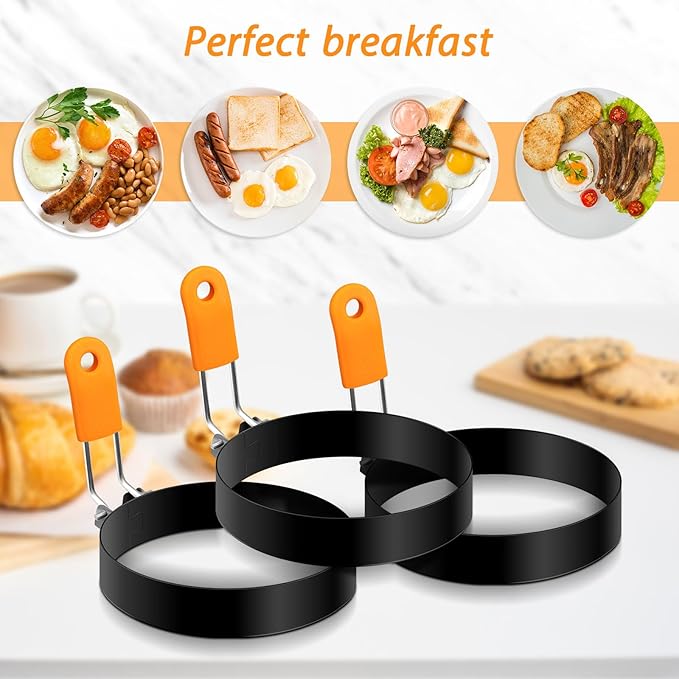 Yaomiao 12 Pcs Egg Rings for Frying Eggs Nonstick Pancake Mold Stainless Steel Egg Mold Portable Round Shaper with Handle for Cooking Griddle Camping Breakfast(3 Inch, 4 Inch, 6 Inch, 8 Inch)