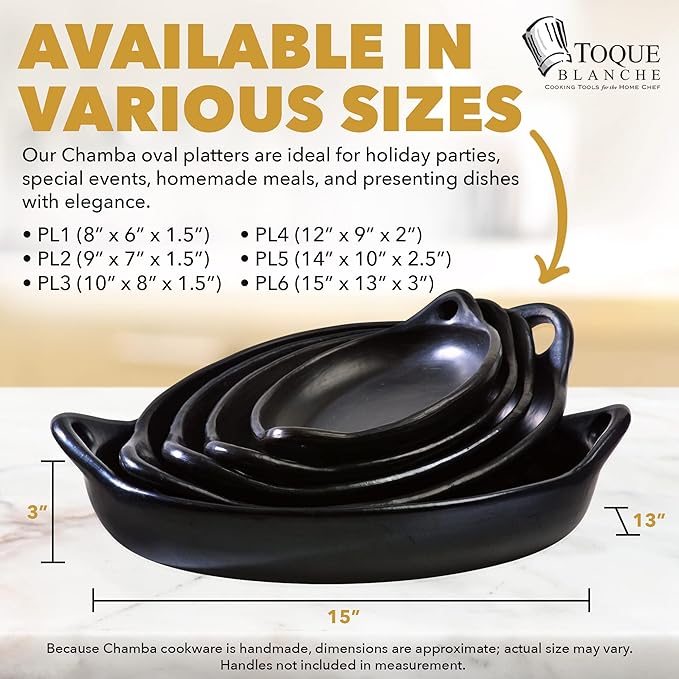 Authentic Chamba Oval Platter with Handles - Elegant, All-Natural Black Clay Roasting Pan for Baking, Roasting and Serving - Stovetop & Oven Safe – Handmade in Colombia – 12 Inches Long