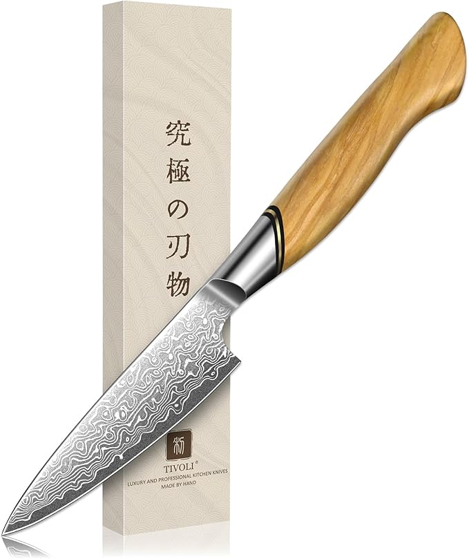 TIVOLI Damascus Paring Knife,VG-10 Fruit Knife with Razor Sharp Blade and Ergonomic Olive Wood Handle, Ideal for Home and Kitchen