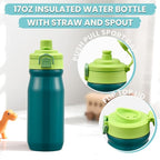 Kids Lunch Bento Box with Thermo Ice Pack Food Container with Insulated Lunch Bag, Insulated Water Bottle with Straw for Girls Boys,Green