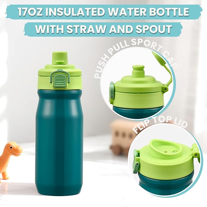 Kids Lunch Bento Box with Thermo Ice Pack Food Container with Insulated Lunch Bag, Insulated Water Bottle with Straw for Girls Boys,Green