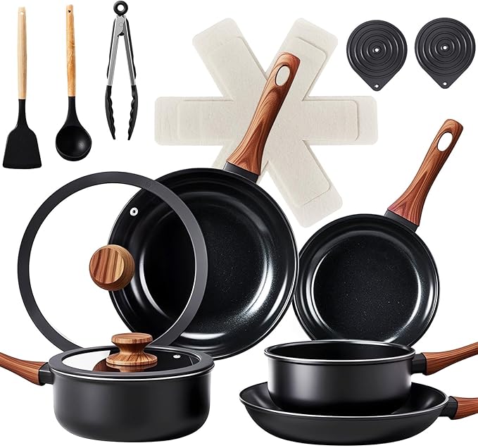 ROVSUN 17 Pcs Nonstick Pots and Pans Set, Cast Aluminum Kitchen Cookware Set, RV Kitchen Cooking Set and Utensils, PFAS PFOA & PFOS Free, Black, Skillet, Saute Pan, Soup Pot