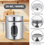 3 Pcs Stainless Steel Canister Set with Glass Windows Visible Storage Jars Silver Kitchen Canister Set for Pasta Flour Oat Sugar Container, Kitchen Tools, Housewarming Gifts (20 oz)