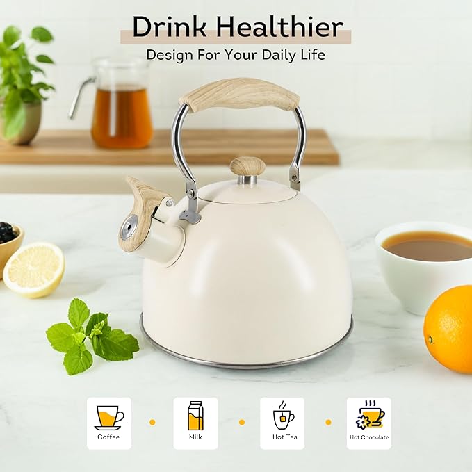 Lily's Home Whistling Tea Kettle, Teapot for Stovetop, Pleasant Whistle Sound, Heat Resistant Plastic Handle - Faux Wood Finish, Non Toxic Stove Kettle for Boiling Water - 2.5 Quarts (Cream)