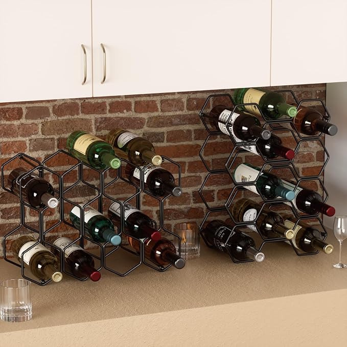 Buruis Countertop Wine Rack, 14-Bottle Modern Freestanding Metal Holder for Red and White Wine, Tabletop, Kitchen, Bar, and Cabinet Storage (Black)