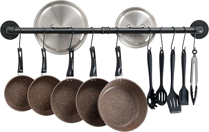 OROPY 38 inch Pot Bar Rack Wall Mounted Detachable Pans Hanging Rail Kitchen Lids Utensils Hanger with 14 S Hooks Black