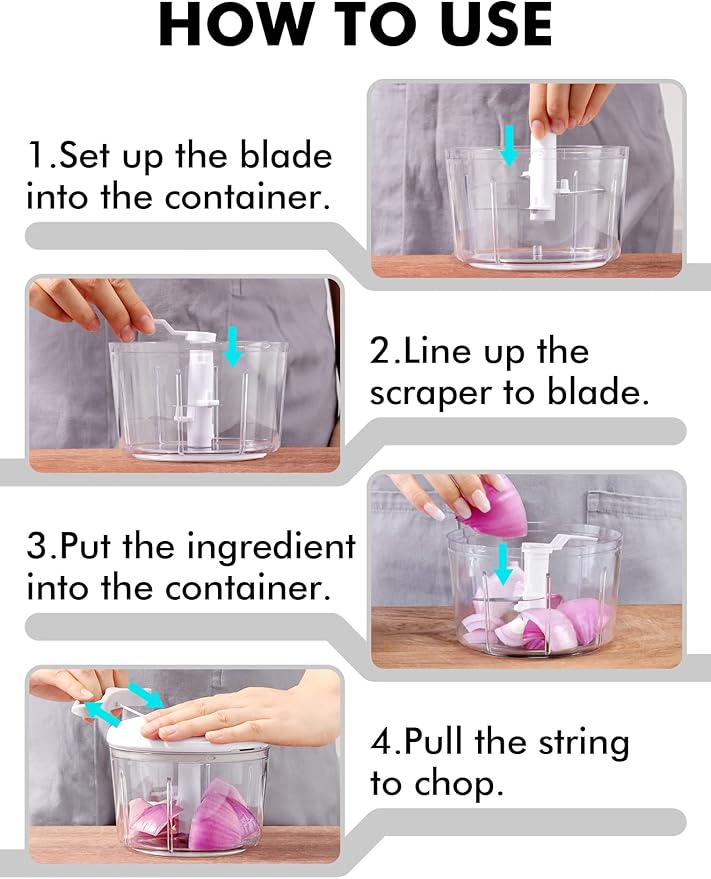 GDL Food Chopper, Pull Onion Chopper Dicer, Hand Powered Food Chopper, Fast Cutting Hand Chopper Mincer for Oinon, Garlic, Nut, 3.4 Cups 0.8L, White