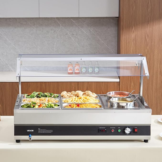 VEVOR Electric Soup Warmer, Two 6.34QT Pots & Six 1/3 Pans, Stainless Steel Commercial Food Warmer with 86~185°F Adjustable Temp, 1500W Bain Marie with Cover, Soup Station for Restaurant, Buffet