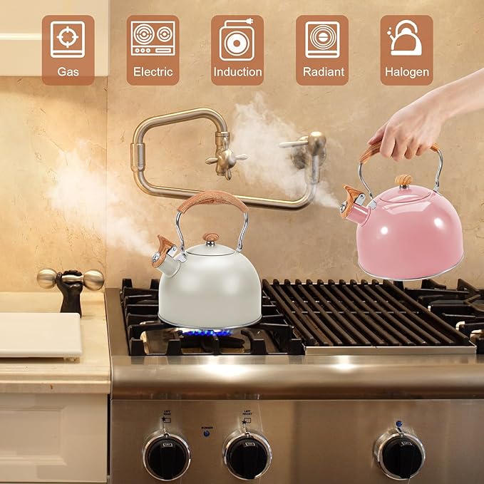 GGC Tea Kettle for Stove Top, 85OZ/2.6QT Whistling Tea Kettles for Boiling Water Milik or Coffee, White Stainless Steel Tea Pots with Wood Pattern Folding Handle, Thumb Design Control Kettle Outlet