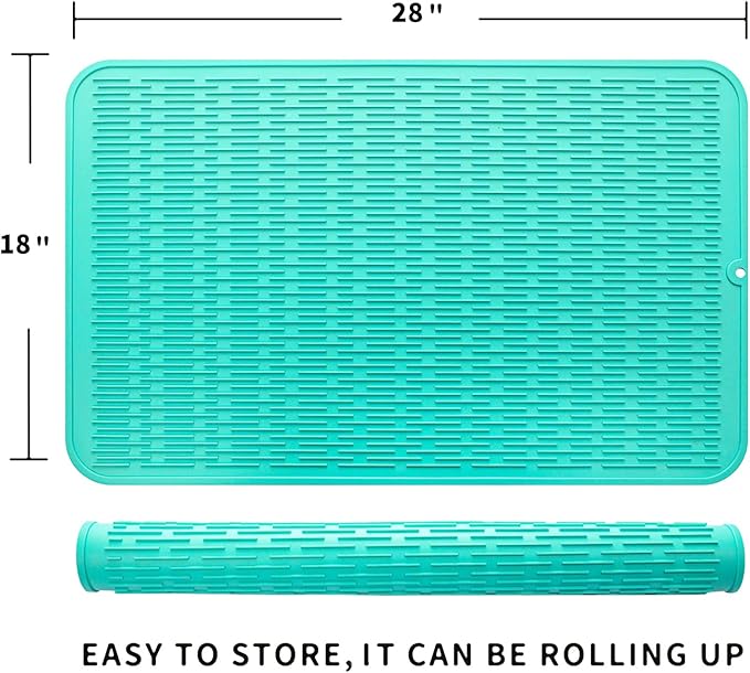 Silicone Dish Drying Mat for Multiple Usage,Easy clean,Eco-friendly,Heat-resistant Silicone Mat for Kitchen Counter or Sink,Refrigerator or Drawer Liner Mint 3XL 28 inches x 18 inches