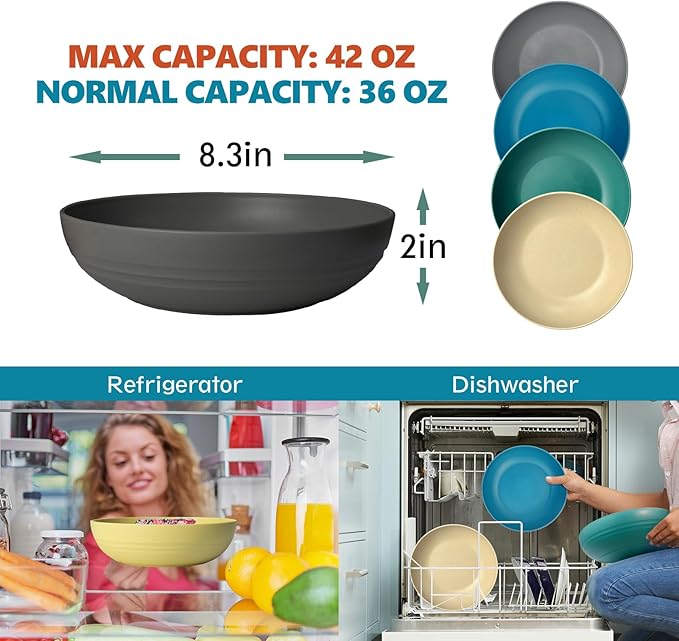 Teivio 8.4" Large Plastic Pasta Bowls Reusable, 45 oz Pasta Serving Bowl Set of 12, Kitchen Wheat Straw Serving Deep Plate Bowls for Salad, Cereal,Soup,Unbreakable Dishwasher Safe, Multicolor