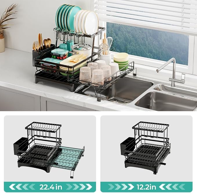 2 Tier Dish Drying Rack - Large Extendable Dish Rack, 2-in-1 Anti-Rust Stainless Steel Dishrack for Kitchen Counter and Sink, Dish Strainer with Utensil Holder & Cup Holder(Black)