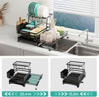 2 Tier Dish Drying Rack - Large Extendable Dish Rack, 2-in-1 Anti-Rust Stainless Steel Dishrack for Kitchen Counter and Sink, Dish Strainer with Utensil Holder & Cup Holder(Black)