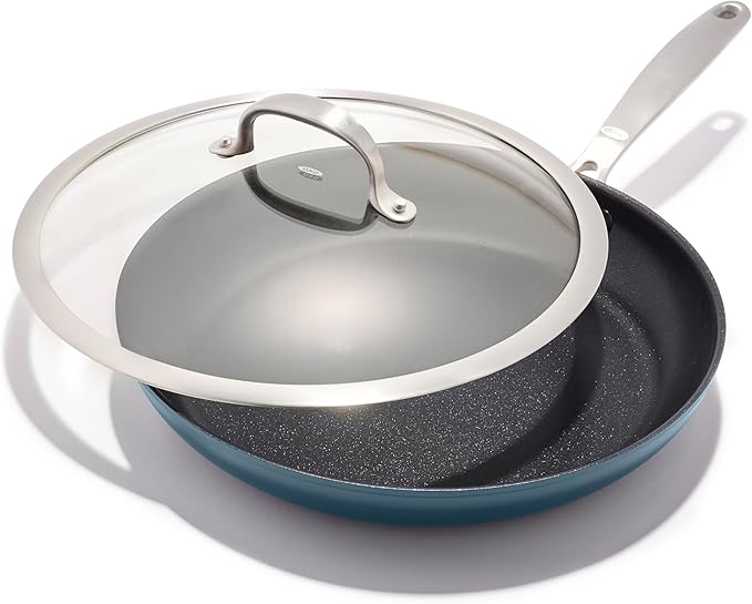 OXO Enhanced 12” Nonstick Frying Pan Skillet with Lid, Ceramic PFAS-Free Cookware, Stainless Steel Handle, Eggs & Omelets, Dishwasher & Oven Safe, Storm Blue