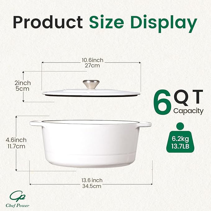 Chef Power Dutch Oven Pot with Lid 6QT, Enameled Cast Iron Dutch Oven for Bread Baking, Braising, Stews, Roasting, Oven Safe Dutch Ovens, Cream White