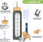 32 oz Glass Water Bottle with Straw - Motivational Time Marker & Silicone Sleeve - Reusable Tumbler Includes 2 Bamboo Lids & Fruit Infuser - 1 Pack