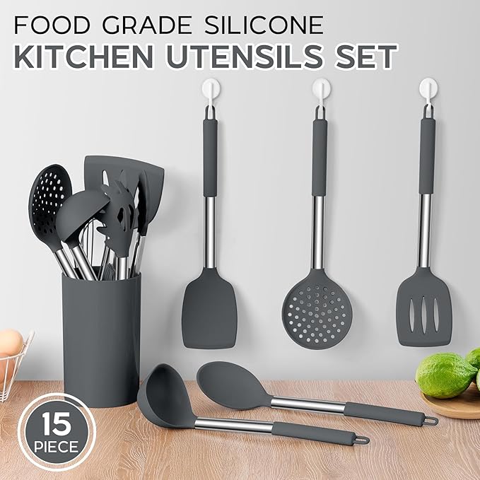 Kitchen Cooking Utensils Set of 15, Silicone and Stainless Steel Utensils Spatula Set with Holder, Heat Resistant & Dishwasher Safe - Grey