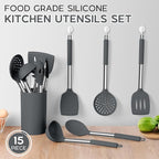 Kitchen Cooking Utensils Set of 15, Silicone and Stainless Steel Utensils Spatula Set with Holder, Heat Resistant & Dishwasher Safe - Grey