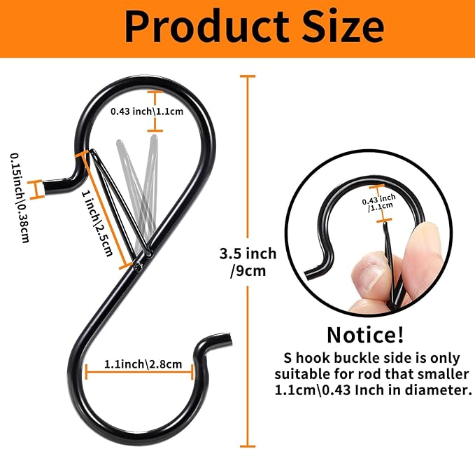 36 Pcs S Hooks for Hanging with Safety Buckle, 3.5 inch Heavy Duty Metal S Shaped Hooks Stainless Steel for Hanging Kitchen Utensil, Cups, Pots, Plants, Bags, Hats (Black)