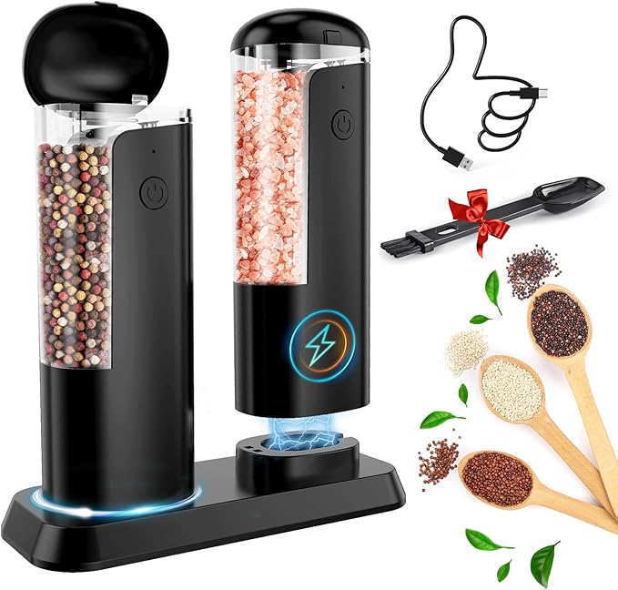 Electric Salt and Pepper Grinder Set: Rechargeable Salt and Pepper Shakers Set Electric For Gravity Spice Grinders Adjustable Automatic Peppercorns Mills Refillable Shaker Mill Large Capacity