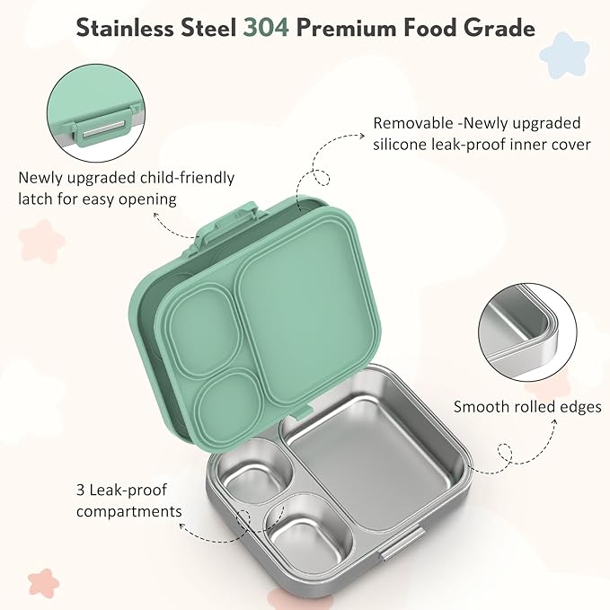 Stainless Steel Bento Box Kids, Leak Proof Metal Bento Lunch Box,3 Compartments 304 Stainless Steel Bento Lunch Containers for School and Office,Dishwasher Safe, BPA-Free(Green)