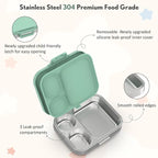 Stainless Steel Bento Box Kids, Leak Proof Metal Bento Lunch Box,3 Compartments 304 Stainless Steel Bento Lunch Containers for School and Office,Dishwasher Safe, BPA-Free(Green)