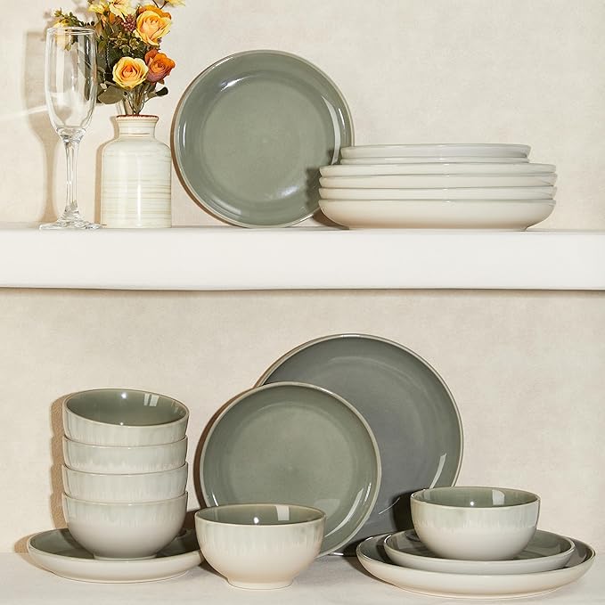 32 Piece Double Bowl Dinnerware Sets with Pasta Bowls, Highly Chip and Crack Resistant Plates and Bowls Sets, Natural Earthyware Ceramic Dishware Sets, Service for 8 Gradient Green