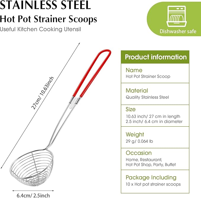 Geiserailie 10 Pieces 6 Pieces Hot Pot Kit Strainer Scoops Stainless Steel 2.5 Inch Mini Spider Strainer Skimmer Pasta Mesh Spoon Asian Skimmer Spoon Ladle with Handle for Home (Red)