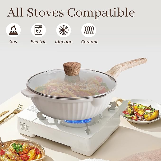 Pots and Pans Set Non Stick, 17Pcs Kitchen Cookware Sets, Granite Stone Induction Cookware Non Stick Cooking Set w/Frying Pans, Saucepans, Sauté Pan (PFOA Free), Cream White