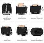 Roter Mond 2 Slice Toaster Retro Stainless Steel with Bagel, Cancel, and Defrost Functions, 6 Bread Shade Settings, Extra Wide Slots and Removable Crumb Tray, Black