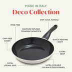 Deco 11” Nonstick Frying Pan Skillet, Made in Italy, Diamond Ceramic PFAS-Free, Dishwasher & Metal Utensil Safe, Durable Gloss Enamel Finish, Stay-Cool Handle, High Walls-Extra Room, Taupe