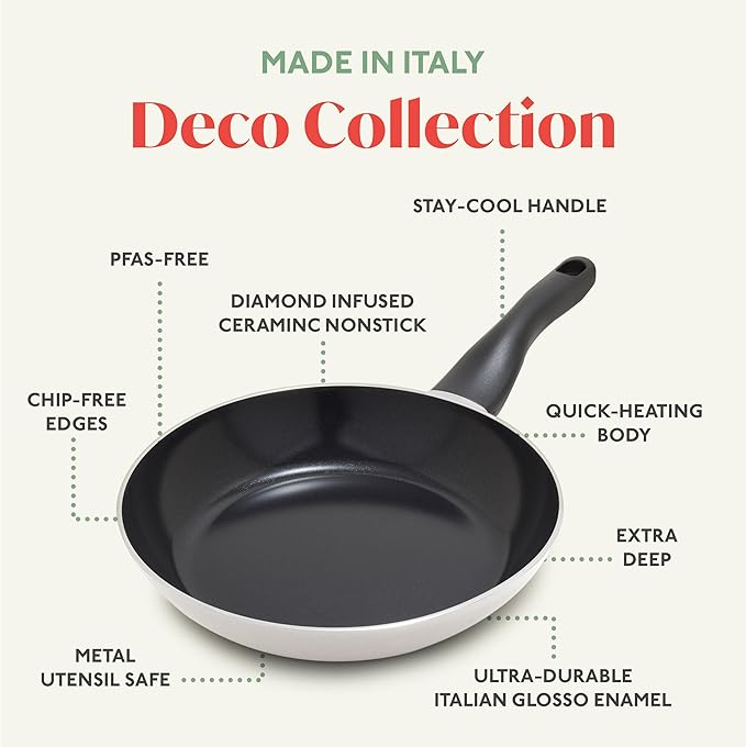 Deco 9.5” Nonstick Frying Pan Skillet, Made in Italy, Diamond Ceramic PFAS-Free, Dishwasher & Metal Utensil Safe, Durable Gloss Enamel Finish, Stay-Cool Handle, High Walls-Extra Room, Taupe